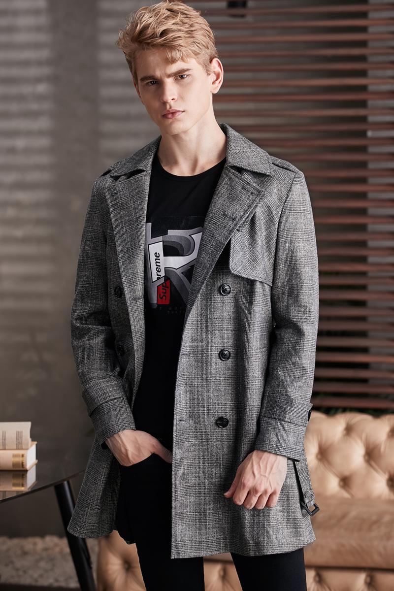 

Classic 2021 Spring/Autumn Men' Business Causal Trench Coat Europe Fashion Mid-length Double-breasted Plaid Windbreaker Coats, Gray