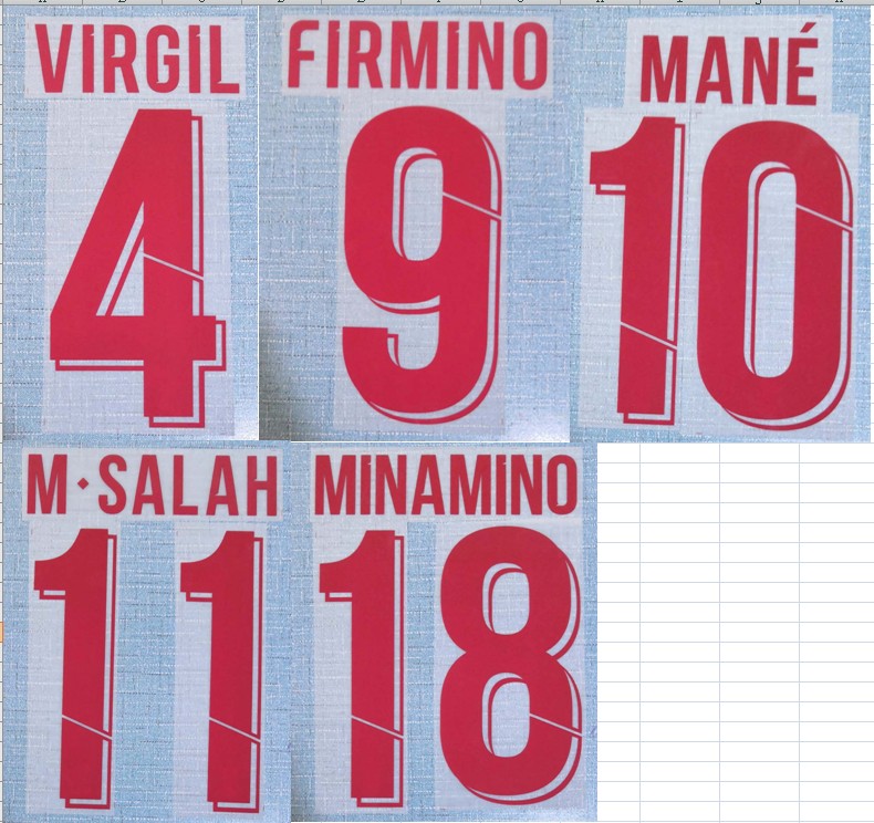 

2019 away red VIRGIL FIRMINO MANE M.SALAH ALEXANDER-ARNOLD MINAMINO nameset patch badge