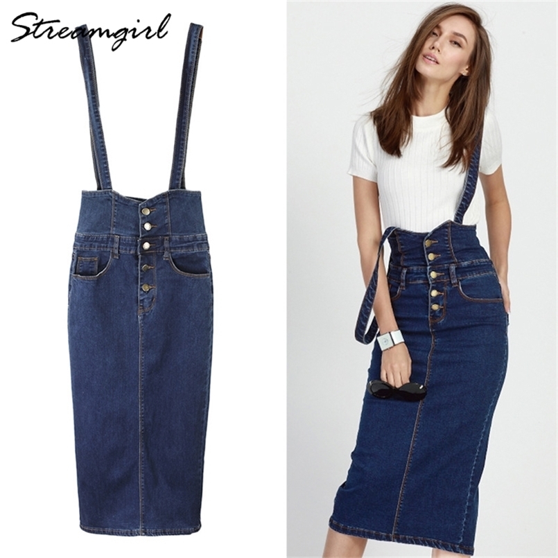 

Streamgirl Long Denim Skirt With Straps Women Button Jeans  Plus Size High Waist Pencil  Womens 210702, Blue