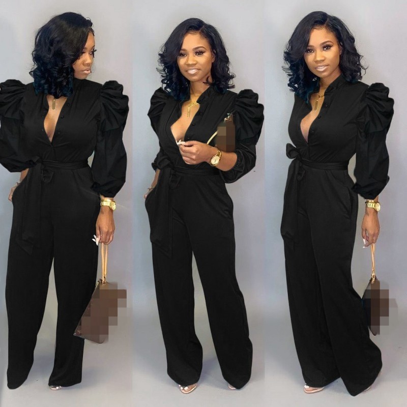 

Elegant Black Women Fashion Ruffles Long Sleeves V Neck Pockets Sash Straight Pants Romper Casual Party Jumpsuits Spring