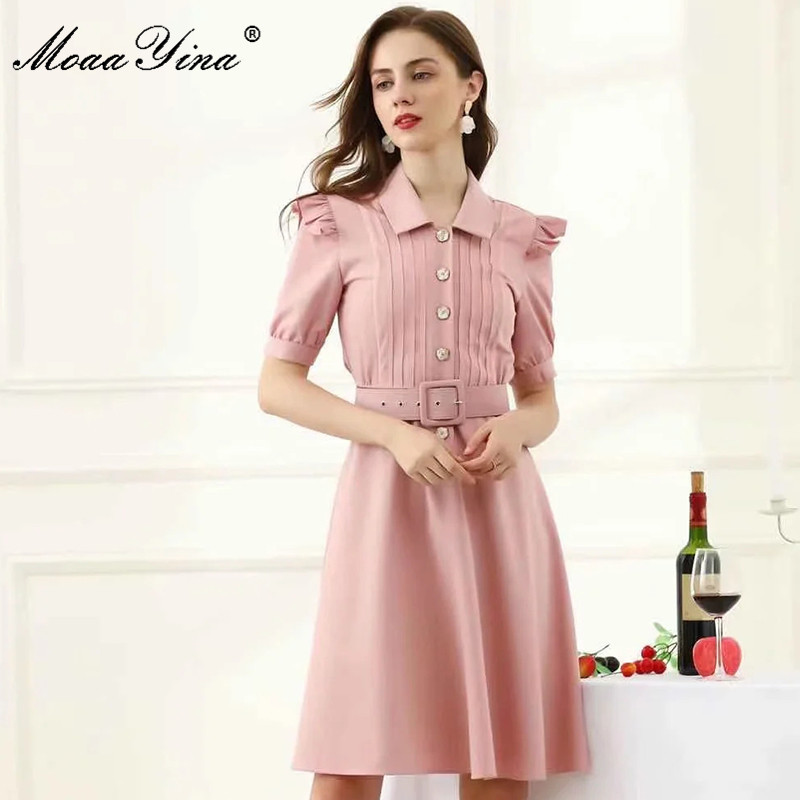 

Fashion Designer Dress Summer Women's dress turn-down collar Ruffles Short sleeve Belt Pink Elegant Dresses 210524