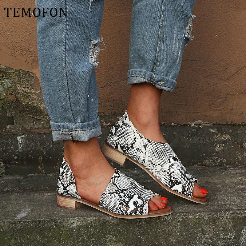 

Women Summer Sandals Low Heel Ladies Shoes Leopard Snake Peep Toe Casual Beach Big Size HVT829, Black