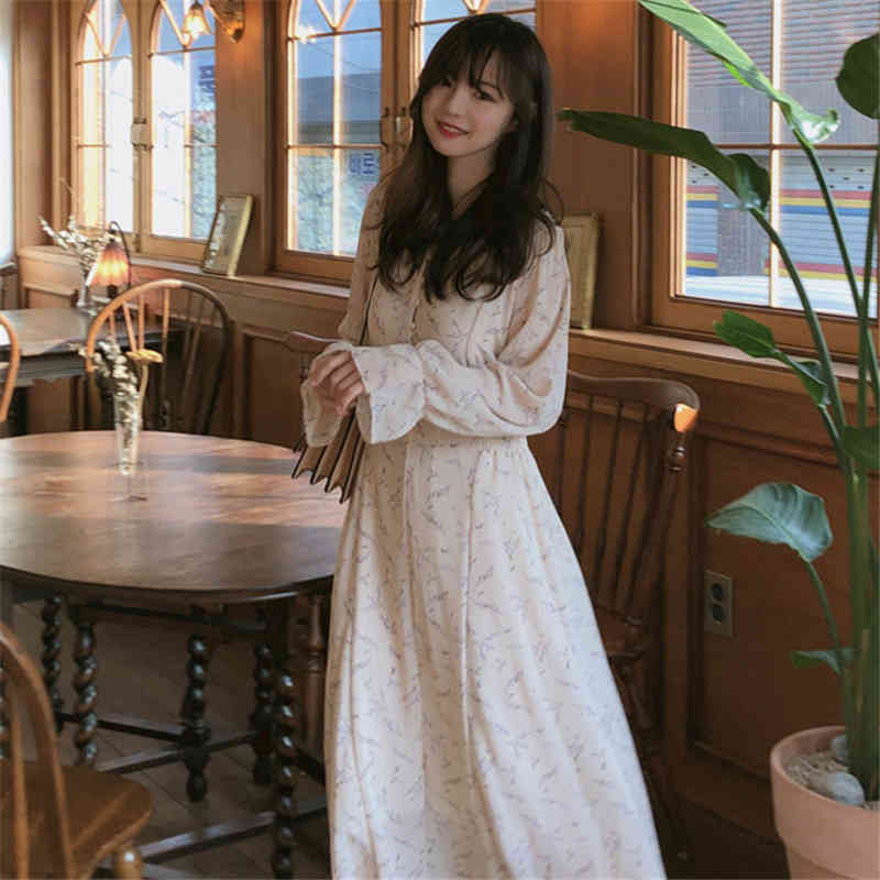Autumn Girls Women Vintage Casual Long Sleeve chiffon Dresses Female V neck White Dress Boho Robe Femme Vestido 210417Z