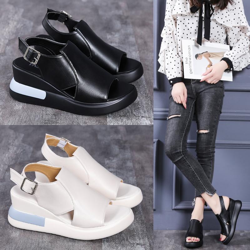 

Sandals Thick-soled Wedge Women Summer High-heeled Fish Mouth Women's Shoes Increased Platform X855, Black