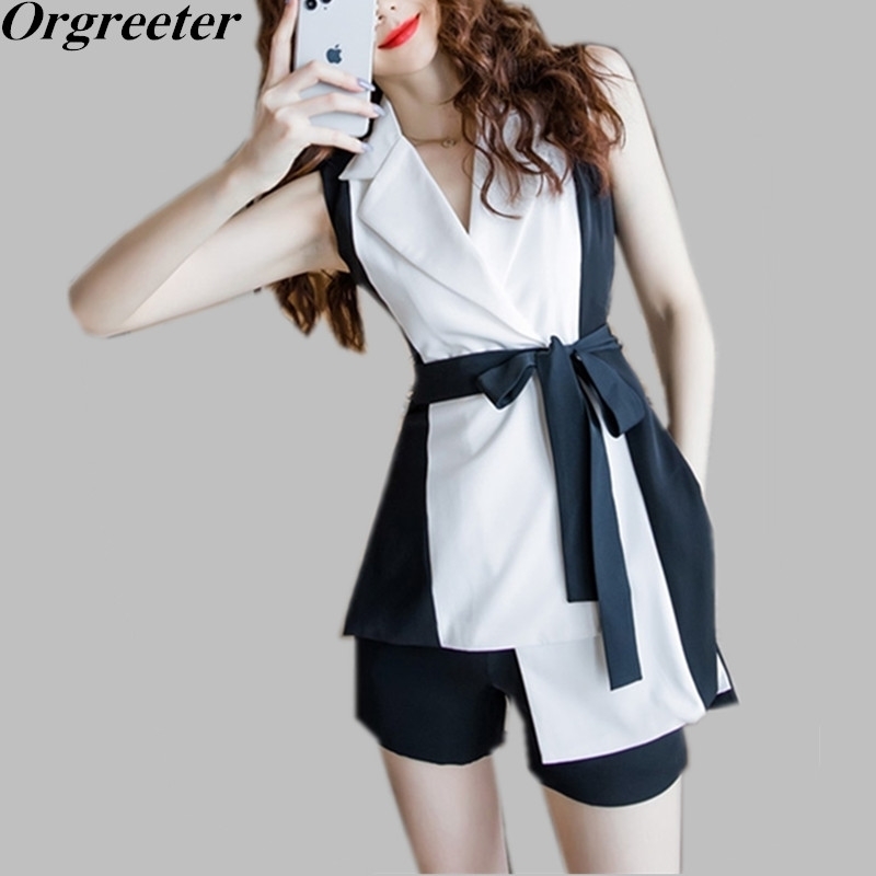 

Summer Two-piece Sets Women Temperament Notched collar Sleeveless Hit color Long Shirt Blouse and Shorts Professional Suits 210525, 2 piece set