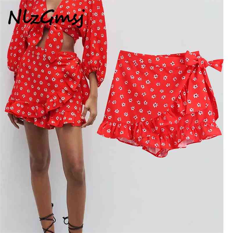 

Women Shorts Summer Printed Elegant Asymmetrical High Waisted Short Tie Belt Ladies 06 210628, Photo color