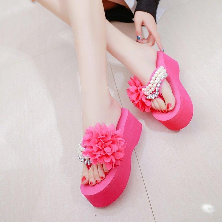

Slippers Flock Women Summer Beach Shoes String Bead Pantofle Slides Med On A Wedge Sabot 2021 Soft Rome Scandals Casual Rubber P