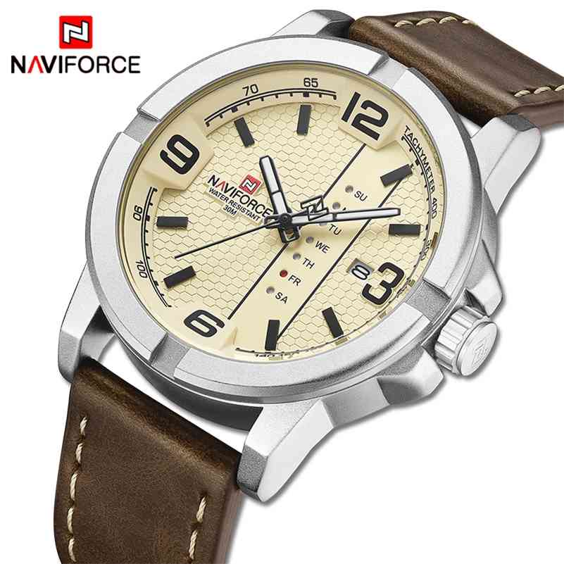 

Mens Watches NAVIFORCE Top Luxury Brand Fashion Leather Quartz Watch Men Waterproof Big Sport Male Clock Relogio Masculino 210517, Silver yellow