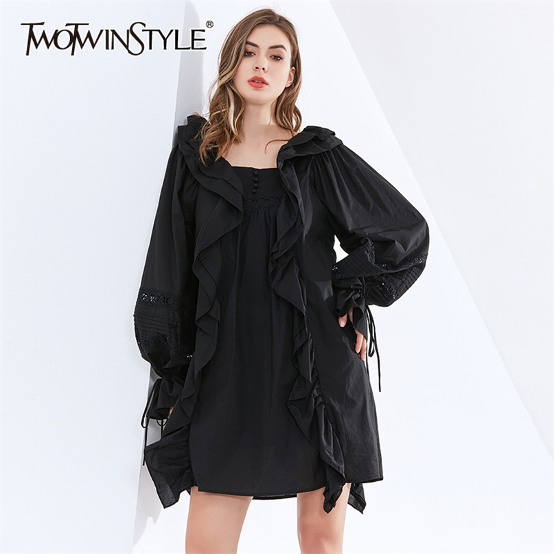 

Casual Dress For Women Square Collar Lantern Long Sleeve Patchwork Ruffles Designer Mini Dresses Female Autumn 210520, White