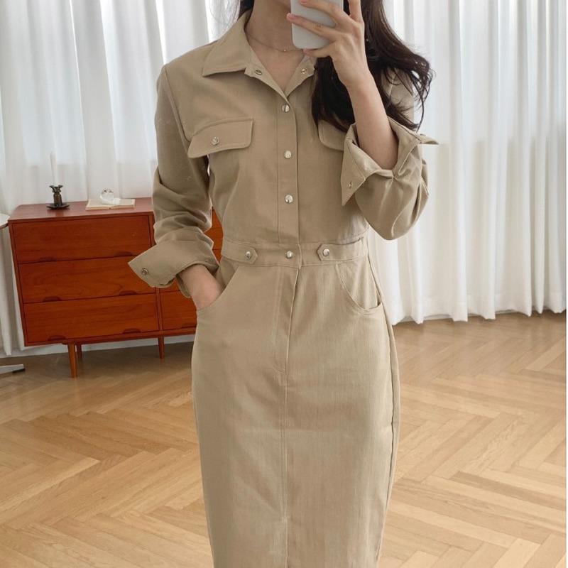 

Casual Dresses Chic Autumn Slim French Temperament Single-breasted Lapel Long Sleeve Dress Wrap Hip Split Safari Retro Vestido Mujer, Black;gray