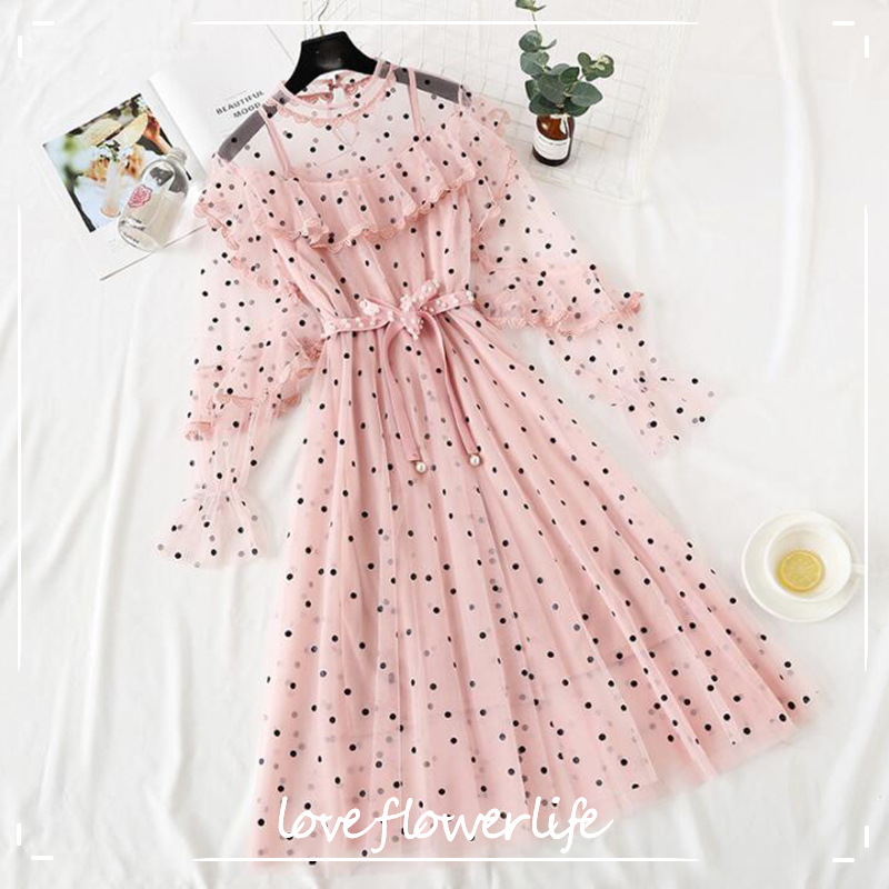 

Two Pieces Sweet O-Neck High Waist Long Dresses Women Spring Robe Femme Slim Dot Print Mesh Dress Lantern Sleeve Vestidos 210521, Apricot