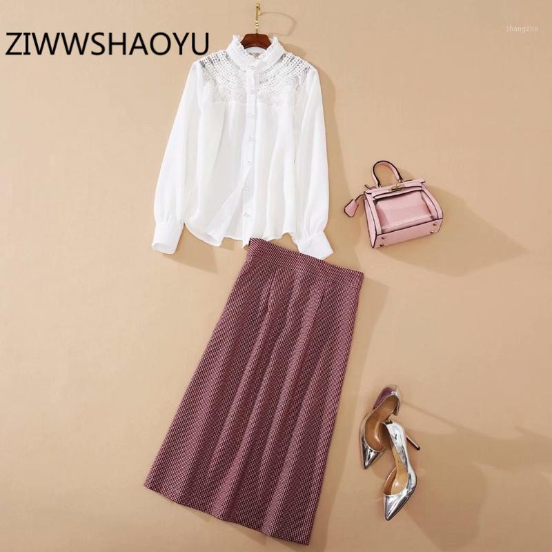 

Women' Tracksuits ZIWWSHAOYU Autumn Female Vintage Skirt Suits Runway Designer Women White Lace Tops And Plaid Print Skirts 2 Two Pieces Se, Multi