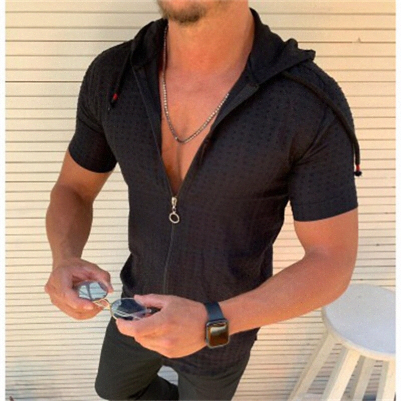 Men's Shirt Lattice Hooded Casual Daily Short Sleeve Tops Casual Green White Black / Summer W0dR#