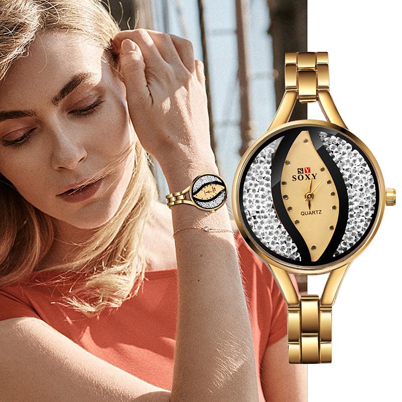 

Wristwatches SOXY Rhinestone Designer Women Watch Gold Strap Quartz Watches Unique Design Ladies Relojes Para Mujer Gift For D7, Slivery;brown