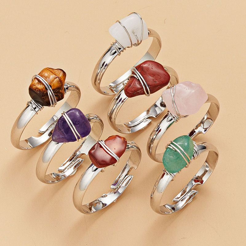 

Irregular Natural Crystal Stone Adjustable Silver Plated Band Rings For Women Girl Fashion Party Club Handmade Jewelry