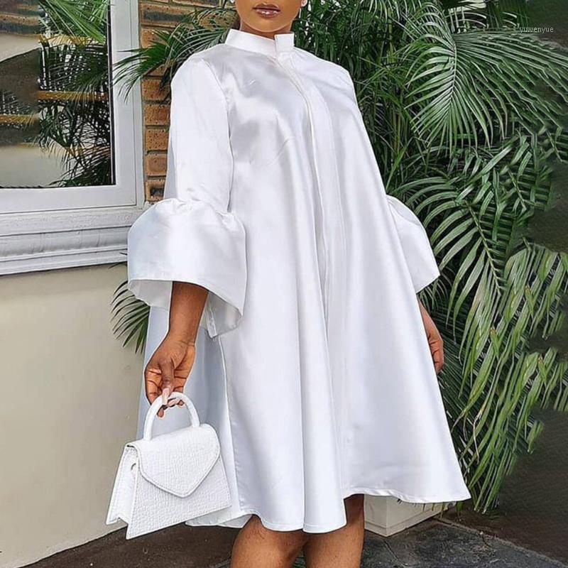 

Casual Dresses 2021 Mid-length Women' Dress Solid Color Loose Simplicity Stand-up Collar Flared Sleeves Temperament Commute, White