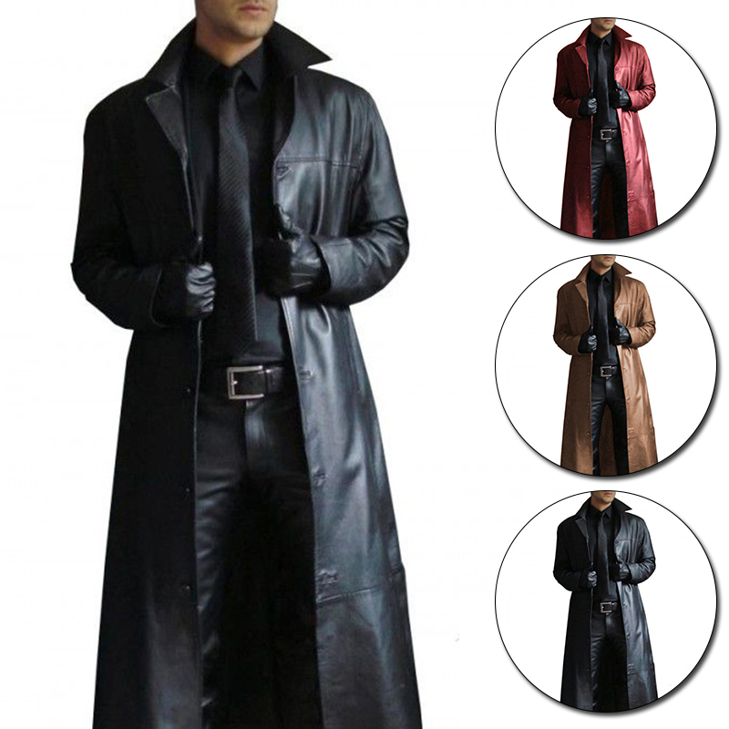 

Mens Leather Trench Coat Vintage British Style Windbreaker Handsome Solid Color Slim-fit Overcoat Long Jacket Plus Size -5XL, Red