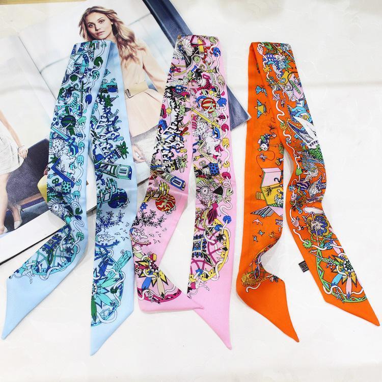

Scarves Carnival Parade Print Neck Scarf Small Ribbon For Lady Hair Band Bag Wraps 100% Silk Riband Clothing Accessories Choker ZSBD227, Blue;gray