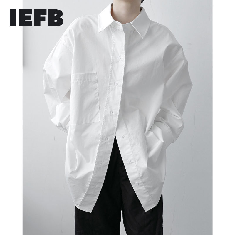 

IEFB Men' Wear Single Breasted Label Black White Cotton Shirts Spring Korean Loose Drop Shoulder Oversize Large Pocket Top 210524, Black 9y3950