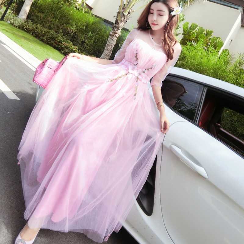 

Spring Sweet Mesh Floral Embroidery Long Women Dress Elegant Half Sleeve High Waist Party Fairy Femme Vestidos Robe 210526, Black