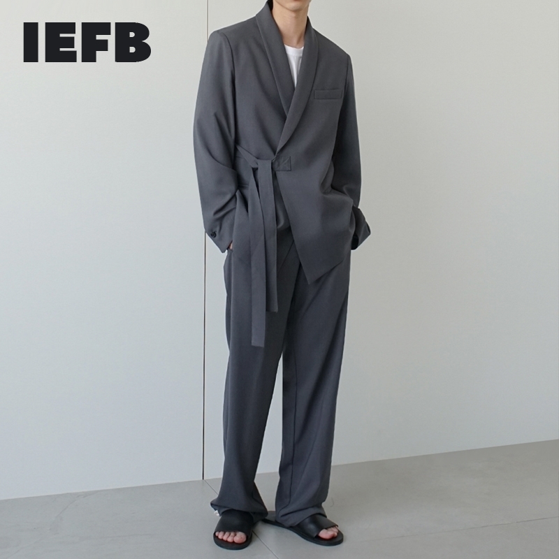 

IEFB Korean Trend Men's Suit Coat Loose Casual Bandage Belt Blazers Spring Summer Blazer Khaki Men's Clothing 9Y6003 210524, Grey trousers