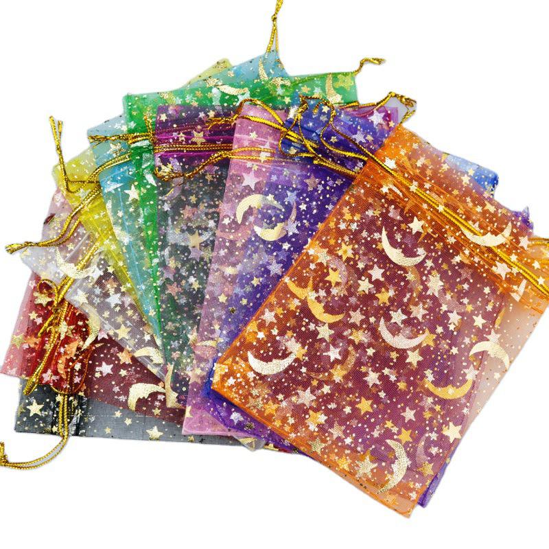 

2021 100 pcs/lot Drawstring Pouch Bags for Jewelry Transparent Organza Pouch Gold Moon Star Mesh Wedding Gifts Package Cheap Wholesale