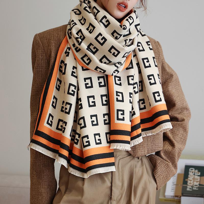 

Scarves Women Winter Scarf Cashmere Wraps Luxury Design Print Tassels Thick Blanket Female Foulard Pashmina Ladies Shawl, Blue;gray