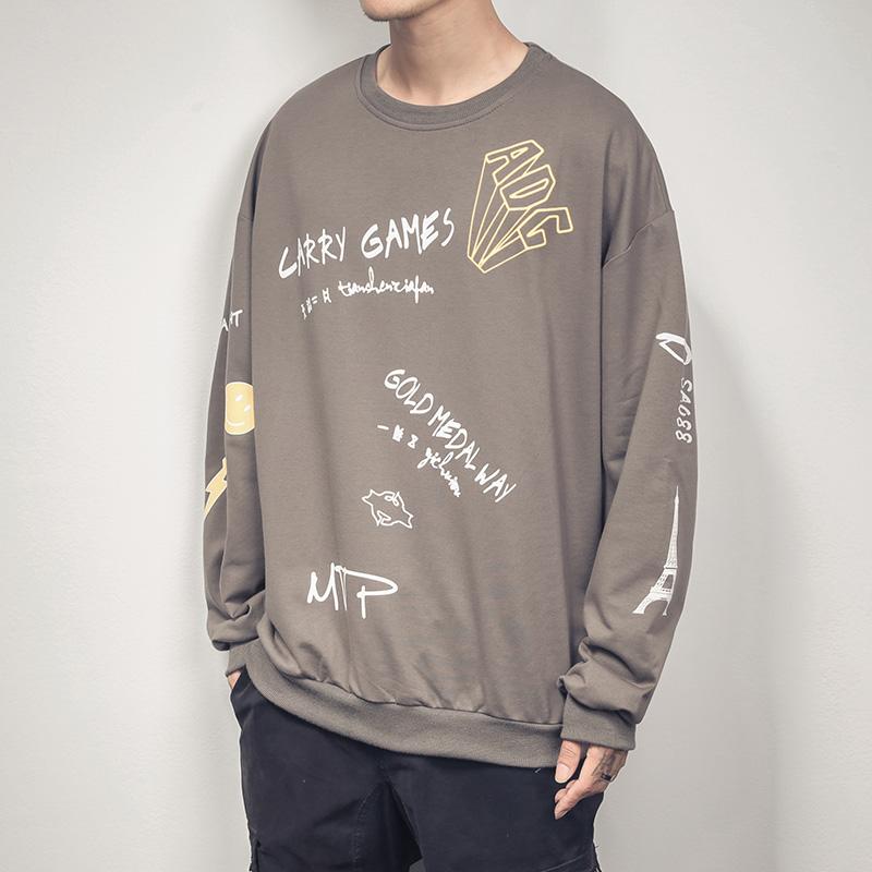 

Men's Tracksuits Harajuku Hand Draw Print Sweatshirt Men Student Autumn Oversize Pullover Streetwear Big Size, Black