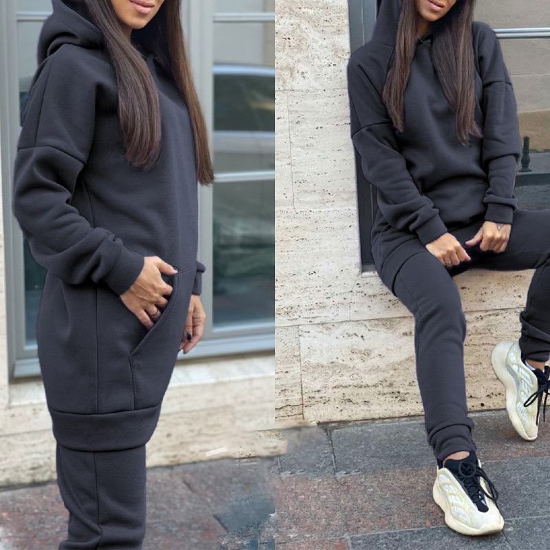 

Womens Tracksuit Long Hoodies Joggers Set Winter Warm Pocket Sweatshirt Trouser Sets Female Casual Sportswear Lady Suit, Black