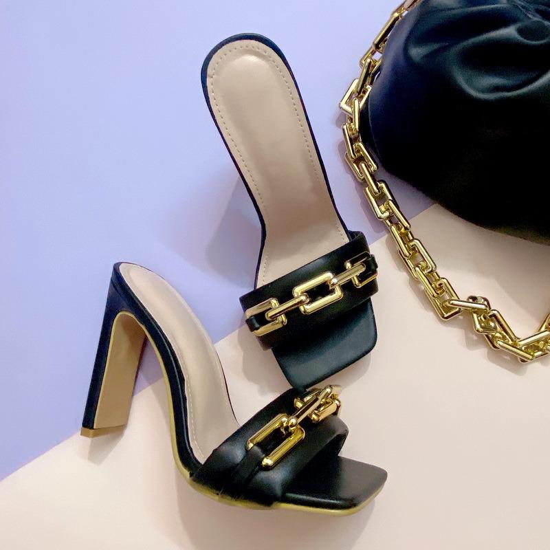 

Slippers 2021 Summer Elegant Women's Fashion Metal Chain Decoration High Heels Mules Slides Pumps Square Toe Ladies Shoes, Black