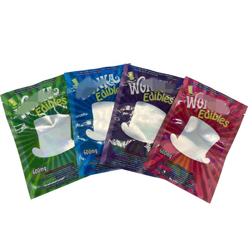 

packaging bags wonka arriveal resealable edible candy gummy mylar 600mg plastic with rainbow film green red blue purple edibles gummies bag