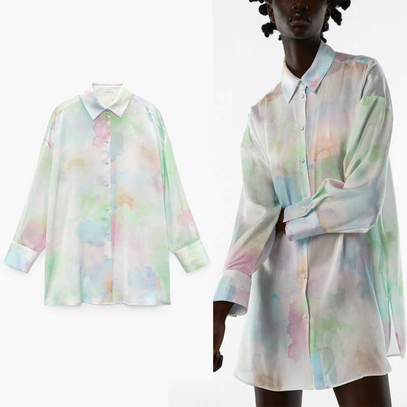 

Za Tie Dye Shirt Women Long Sleeve Vintage Summer Shirts Fashion Side Vents Button Up Loose Top Female Elegant Blouses 210602, As picture