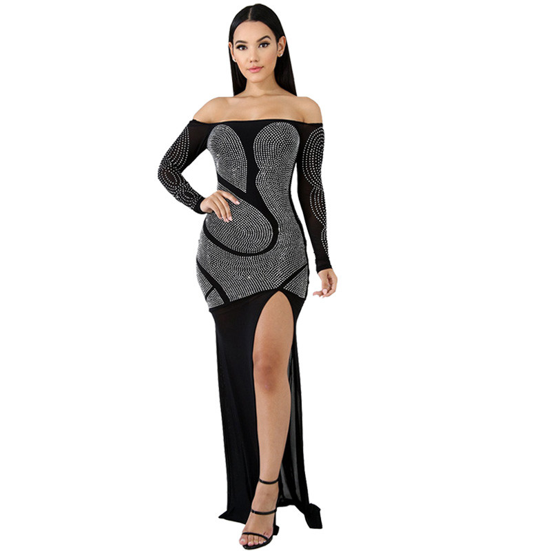 

women rhinestone off the shoulder maxi dress with sleeves side split mesh long black dress elegant evening party dresses, Black;white