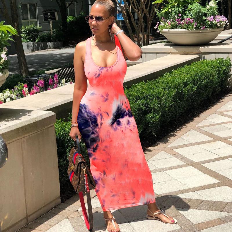 

Tie Dye Print Sexy Long Dress Backless Bandage Maxi Dresses Sleeveless Vintge Vestidos Beach Party Club Outfis Sundress Casual, Black;gray