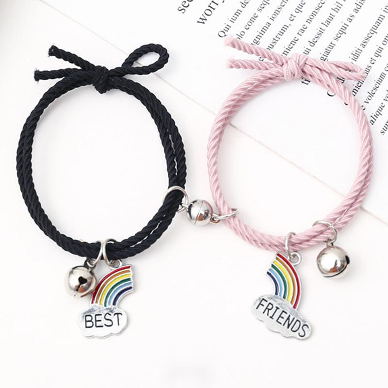 

Charm Bracelets 2Pcs/Set Couple For Women Men's Chain On Hand Magnet Paired Wrist Bangles Homme Rainbow Pendant Two Gift Trend