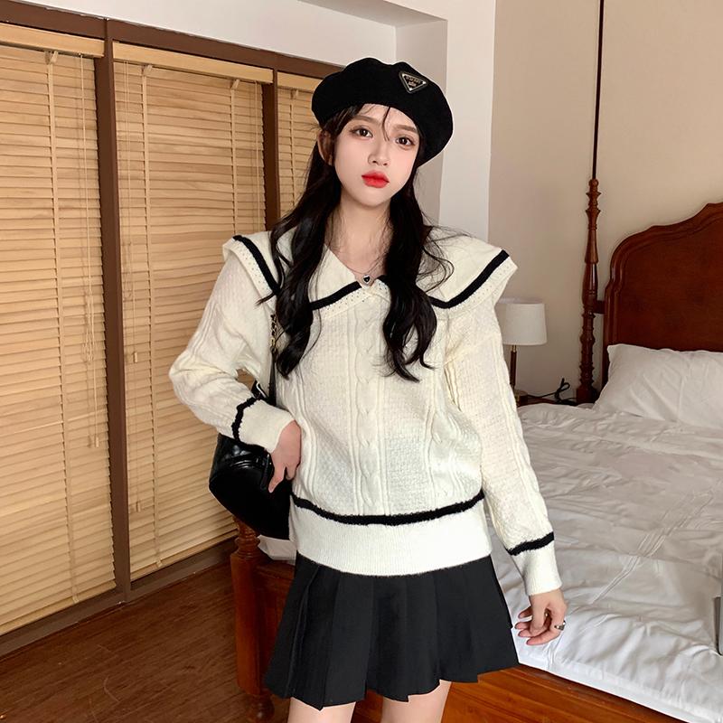 

Women's Sweaters 2021 Autumn Arrival Korean Vintage Sailor Collar Striped Loose Long Sleeve Knitted Top Woman Ins Aesthetic Clothes, Black