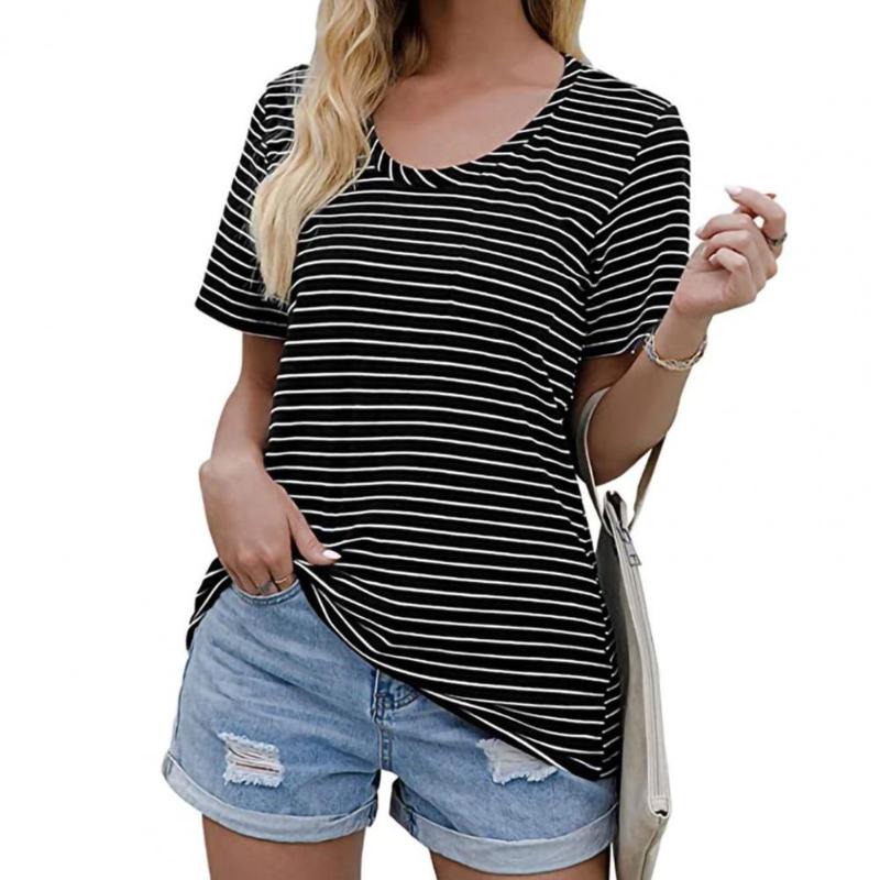 

Women' T-Shirt Spring And Summer Fashion Casual Loose Stripe Print Pocket O-Neck Short-Sleeved Plus Size Pullover For Girls, Black