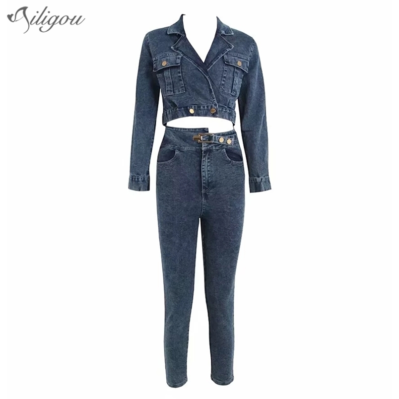 

High Waist Button Denim Overalls 2 Piece Jumpsuit Female Long Sleeve V-Neck Sexy Celebrity Club 210525, Beige