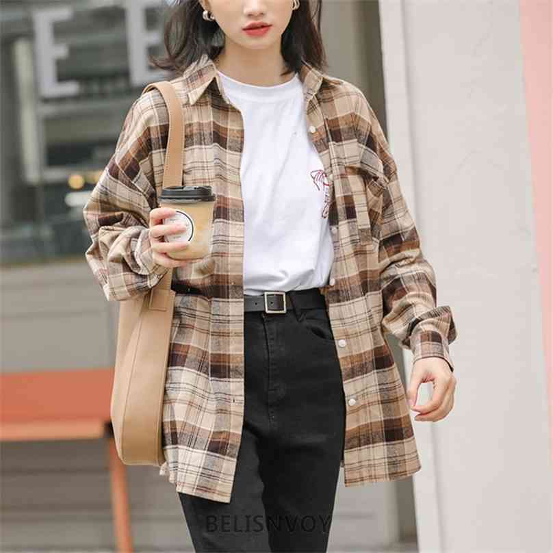 

Plaid Shirt Oversized Female Tops Women Long Sleeve Cotton Girls Blouse Spring Autumn Plus Size Blouses Femme Blusas 210520, Khaki