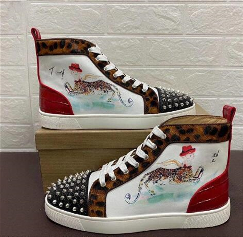 

2020 Men Women Casual Shoes Red Bottom Studded Spikes Fashion Platform Insider Sneakers Black Red White Silver Leather High Boots Size34-48