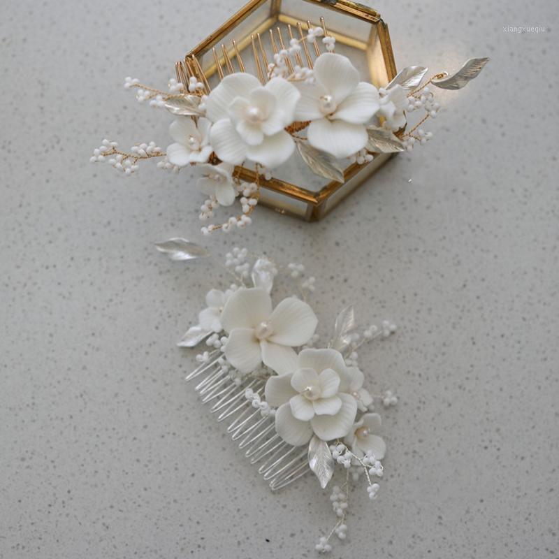 

Hair Clips & Barrettes Ins White Ceramic Flower Piece Bridal Comb Pearls Wedding Jewelry Handmade Women Ornament, Golden;silver