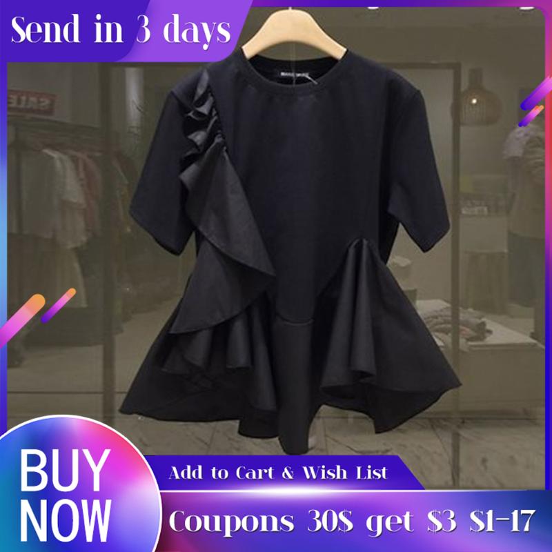 

Women's Blouses & Shirts Top Summer Korea Cute Ruffles T-Shirt Female Casual Short Sleeve Falbala Irregular Japan Streetwear Tshirt Fashion, White