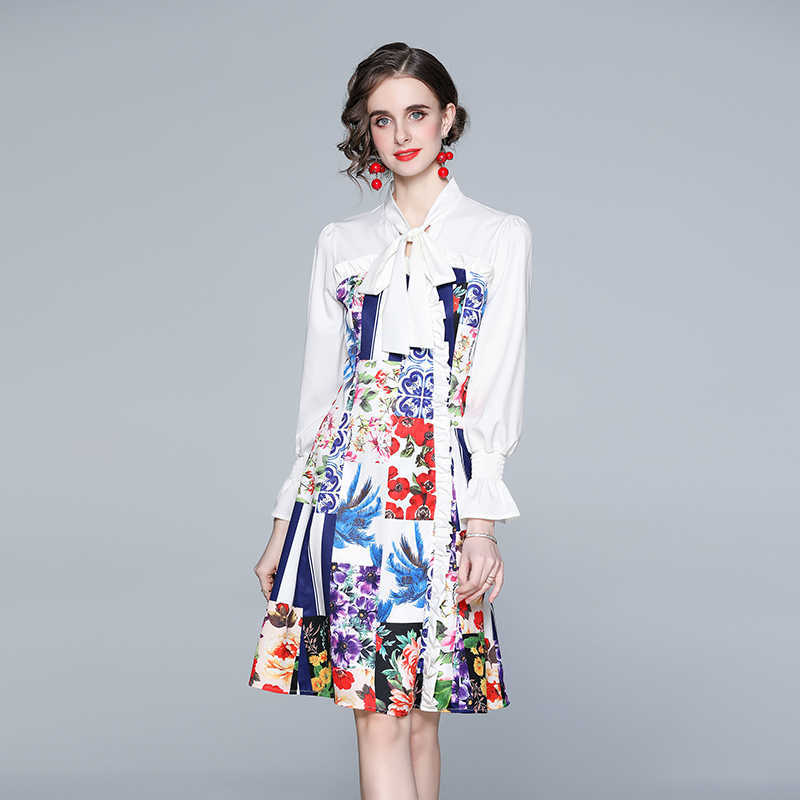 

Women Spring Designer Elegant Long Sleeve Dress Sexy Slim Office Lady Casual Party Robe Ladies Vintage Floral Print Dresses 210525, White