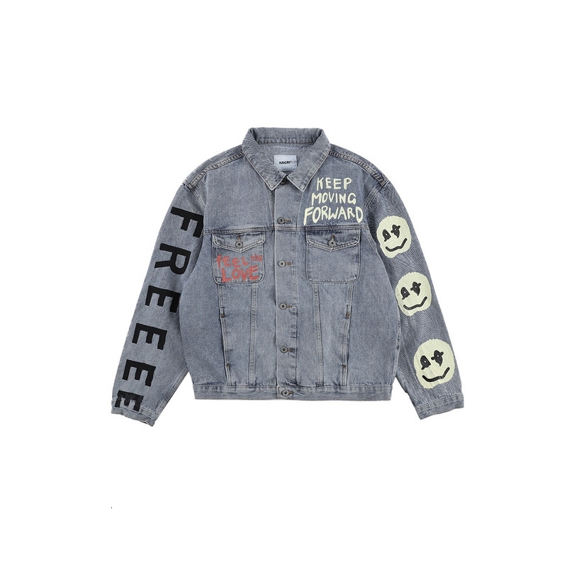 

2021 Kanye West Kids See Ghosts Printed Women Blue Jackets Hiphop Keep Moving Forward Men Casual Denim Jeans Jacket, Beige