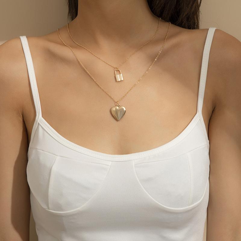 Pendant Necklaces Layered Dainty Love Heart Necklace For Women Punk Gold Silver Color Lock Chain Jewelry Aesthetic Accessories-image-710769935