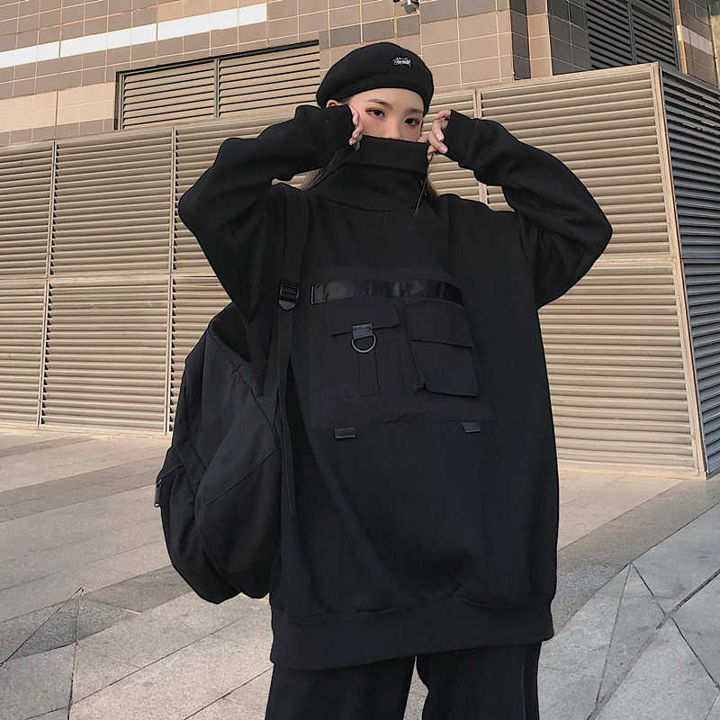 

High neck Fish mouth Pullover japanese Sweatshirts Women Hoodies oversize Streetwear Hip Hop Harajuku women Tops 210601, Black