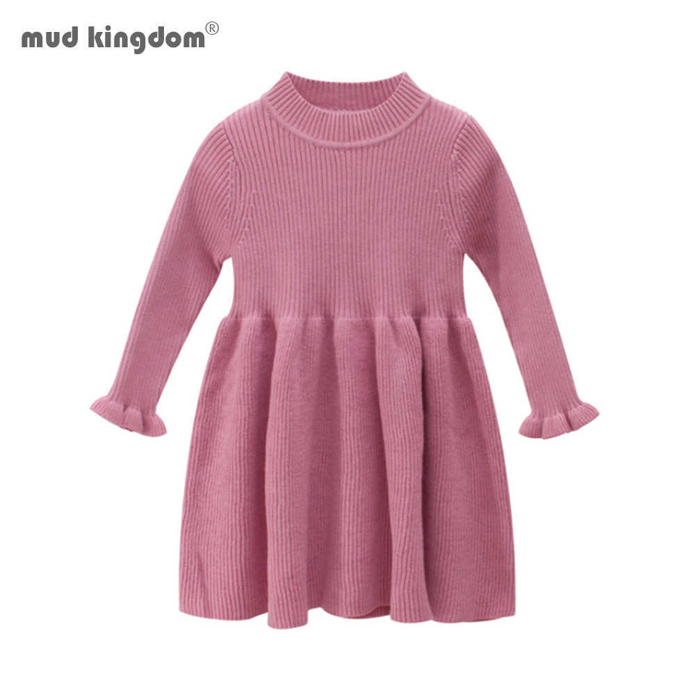 

Mudkingdom Girls Dresses Autumn Winter Rib Knit Sweater Dress Mock Neck Ruffled Solid Clothes 210615, Black