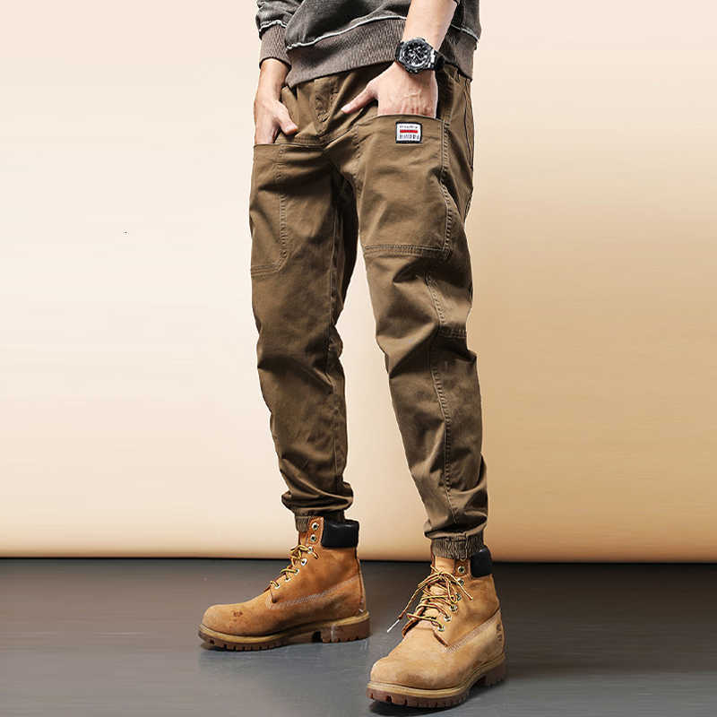 

Streetwear Fashion Designer Men Jeans Loose Fit Big Pocket Casual Cargo Pants Overalls Hip Hop Joggers Ankle Banded Trousers, Khaki