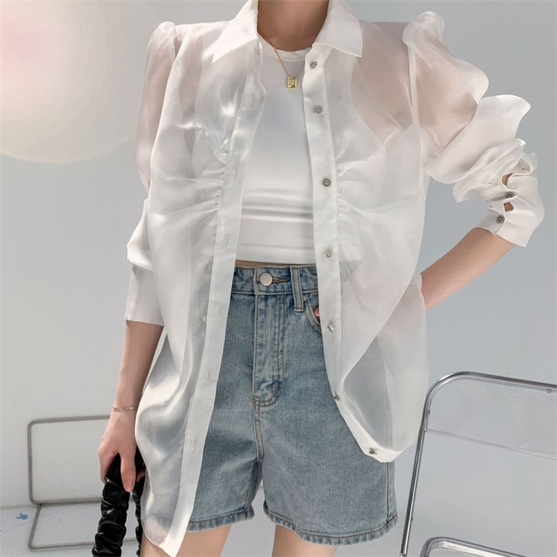 

Summer Pleated Design Women Blouse Chic Exquisite Single Breasted Shirts Solid Turn Down Collar Sun Protection Coat 210519, White