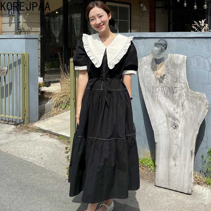 

Korejpaa Women Dress Summer Korean Chic French Doll Collar Wooden Ear Stitching Contrasting Color Lace Puff Sleeve Vestidos 210526, Black